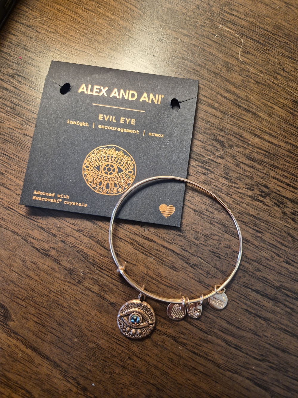Alex + Ani Swarovski Crystal Evil Eye Charm Bangle Bracelet • Rose Gold Tone